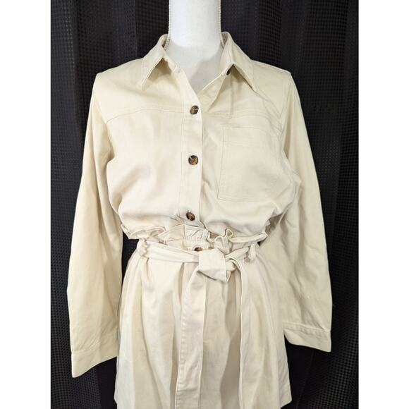 WHO WHAT WEAR! VANILLA CREAM DENIM TIE WAIST BELTED, RUFFLED DRESS, SHIFT! SZ L - Picture 3 of 8